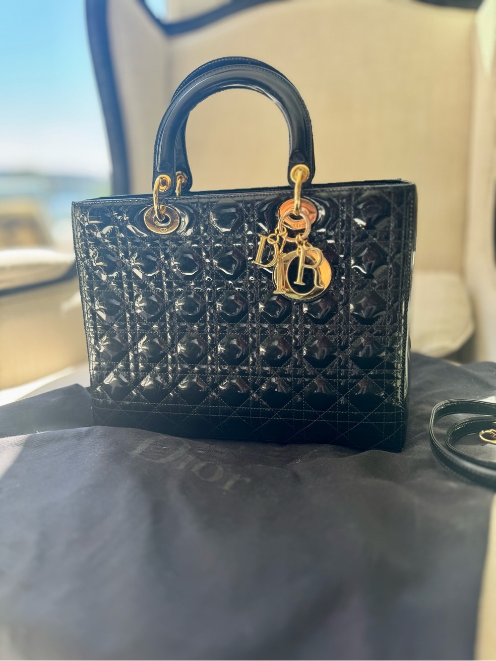Christian Dior Large Lady Dior Black Patent Cannage Bag Gold Hardware – Dust Bag